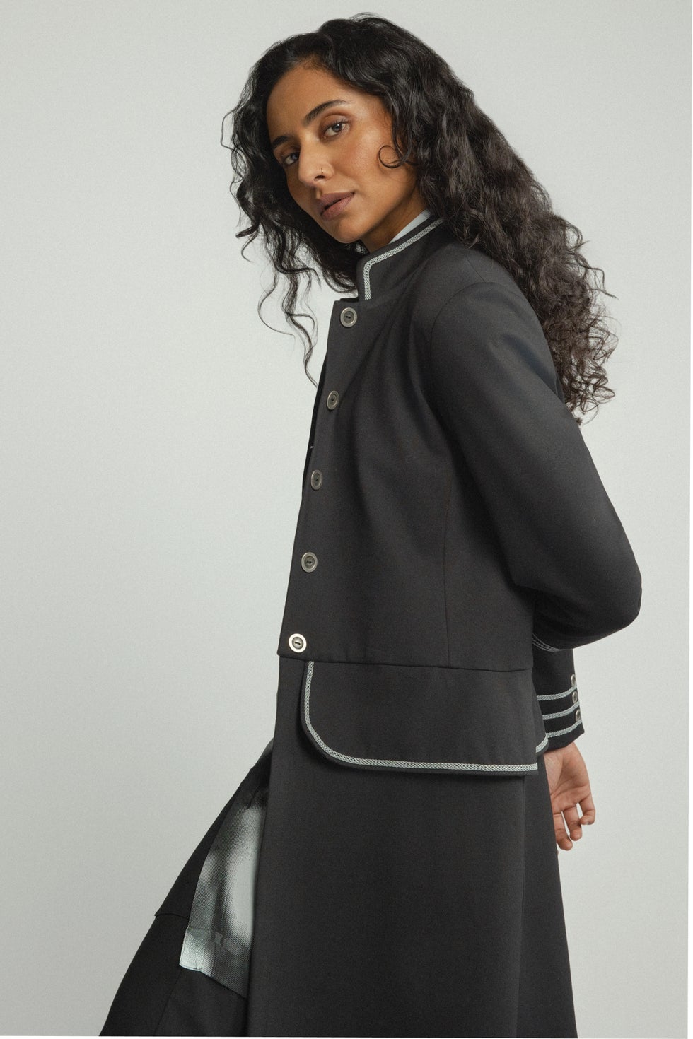 Venice Silver Trim Long Coat in Black