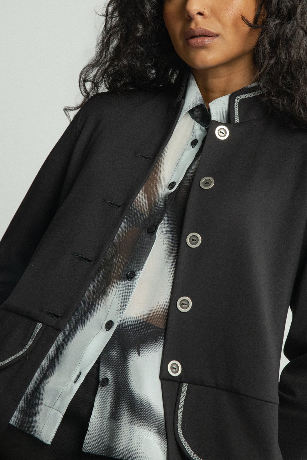 Venice Silver Trim Long Coat in Black