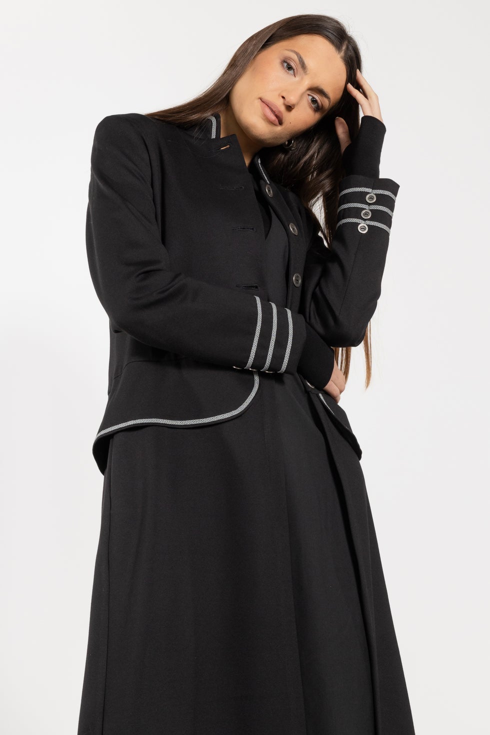 Venice Silver Trim Long Coat in Black