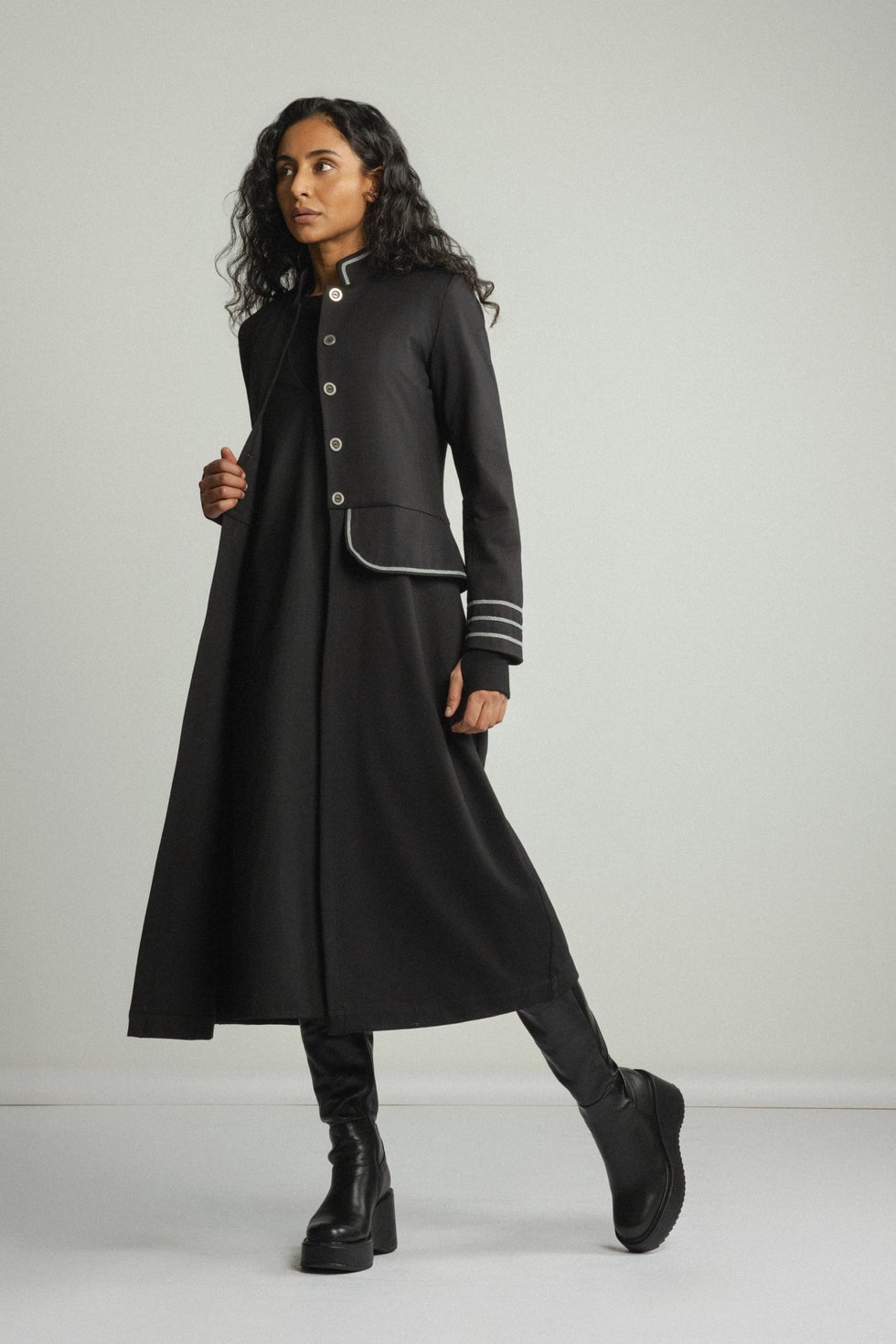 Venice Silver Trim Long Coat in Black