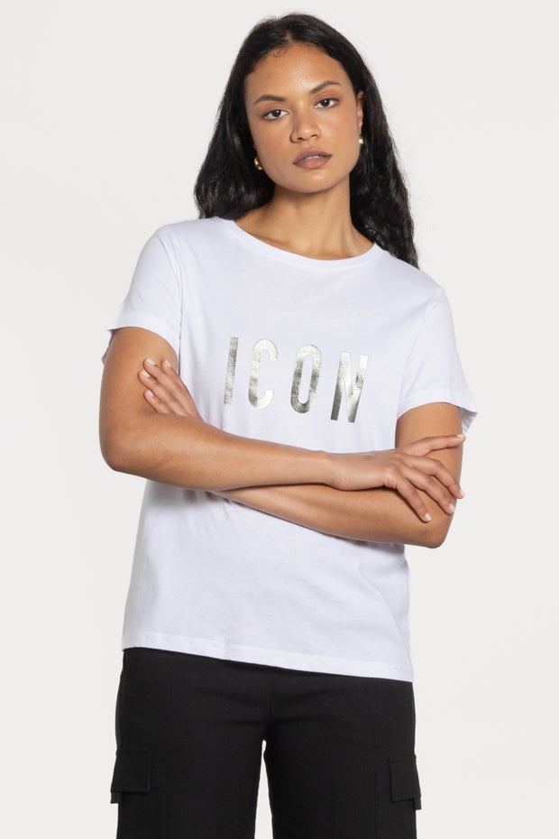 White Tshirt Printed With Silver Icon in White
